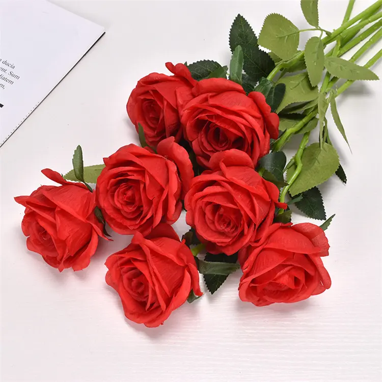 Artificial Red Roses Flowers Realistic Blossom Real Touch Silk Rose Single Fake Flower Long Stem Bouquets for Home Wedding