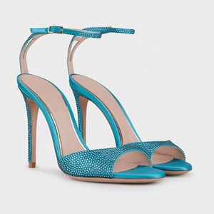 Bling Rhinestone Open Toe Thin High Heel <b>Shoes</b> Party Wedding Light Comfortable Ankle Strap Sandals for Women Blue Size 43 - Product Image 5