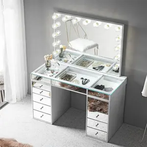 Venta al por mayor de luz de madera de lujo de plata tocador dormitorio de muebles de espejo de maquillaje con taburete y espejo