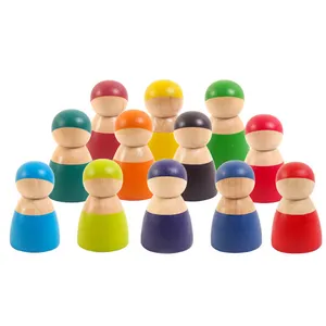 婴儿木制玩具格林一套12彩虹朋友Peg娃娃木制假装玩人数字娃娃彩色积木玩具礼品