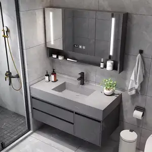 Modern Gray Wall Mount Bathroom Vanity Hotel Solid Wood Washroom Storage Cabinet Set Marble Floating Vanity