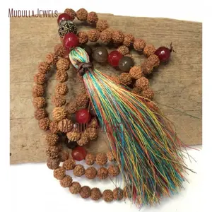 MN31746 Kalung Rudraksha Mala, Perhiasan Manik-manik Yoga Kalung Bohemian Boho Leher Panjang Rumbai Mala