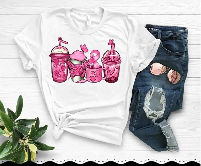 Grosir Kaus Wanita Gambar Cangkir Kopi Kanker Payudara Kaus Wanita Positif Lucu 100% Katun Kaos Grafis Femme