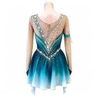 Robe de patinage artistique à manches longues dégradé turquoise, en tissu maillé incrusté de strass pour enfants et adultes, pour la compétition et les spectacles sur glace