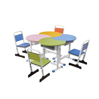 Bureau d'étudiant au design moderne et cambré avec chaise en bois et métal, ensemble de tables et chaises de réunion pour 6 personnes, mobilier scolaire