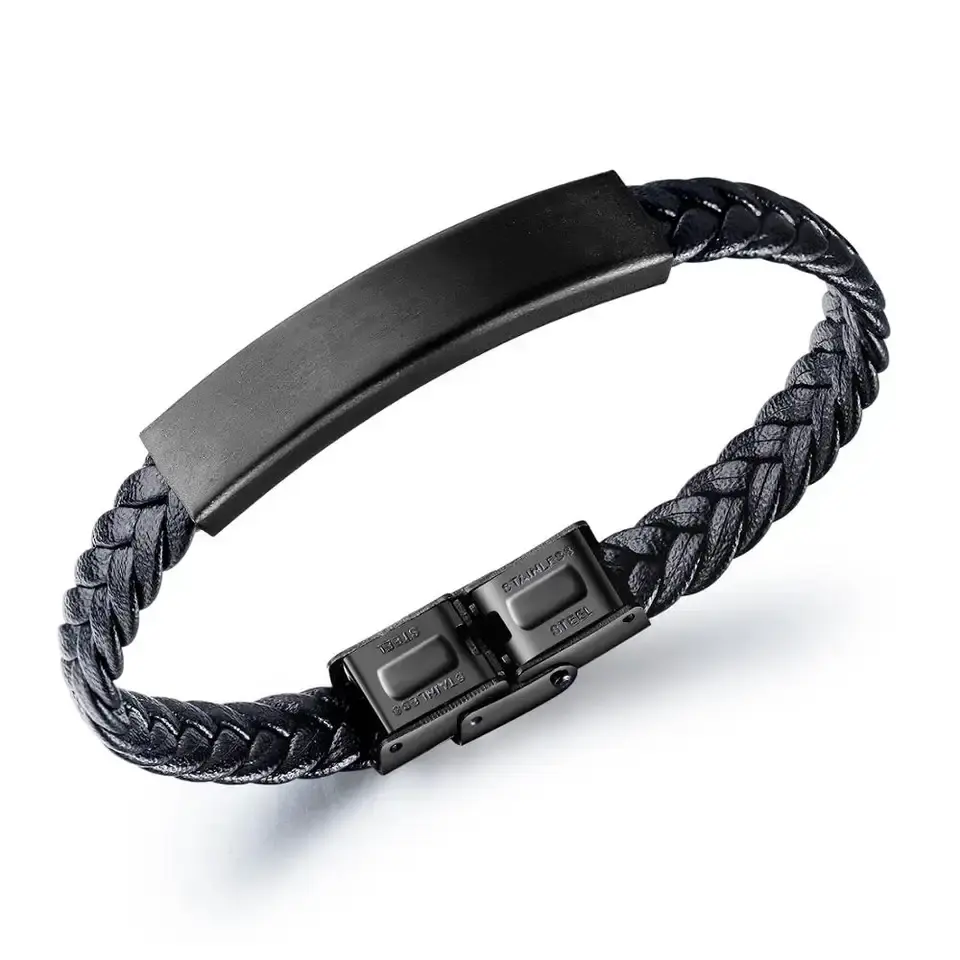 Luxus-Anpassset Herren Edelstahl-Schnallen schwarz geflochtenes Kordel handgefertigtes Seil echtes Leder-Armband für Herren PH1349