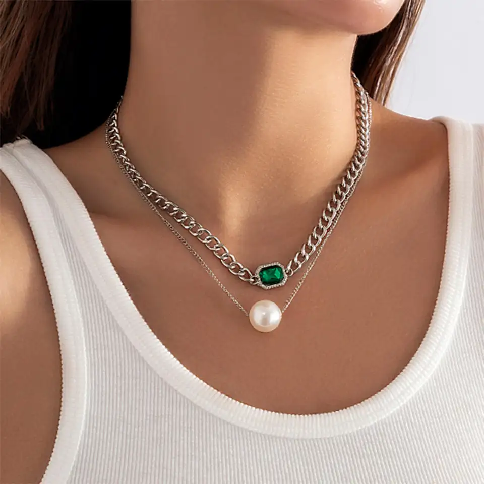 Collar de cadena con Cruz de perlas de estilo apilamiento, Gargantilla sencilla de piedras preciosas verdes
