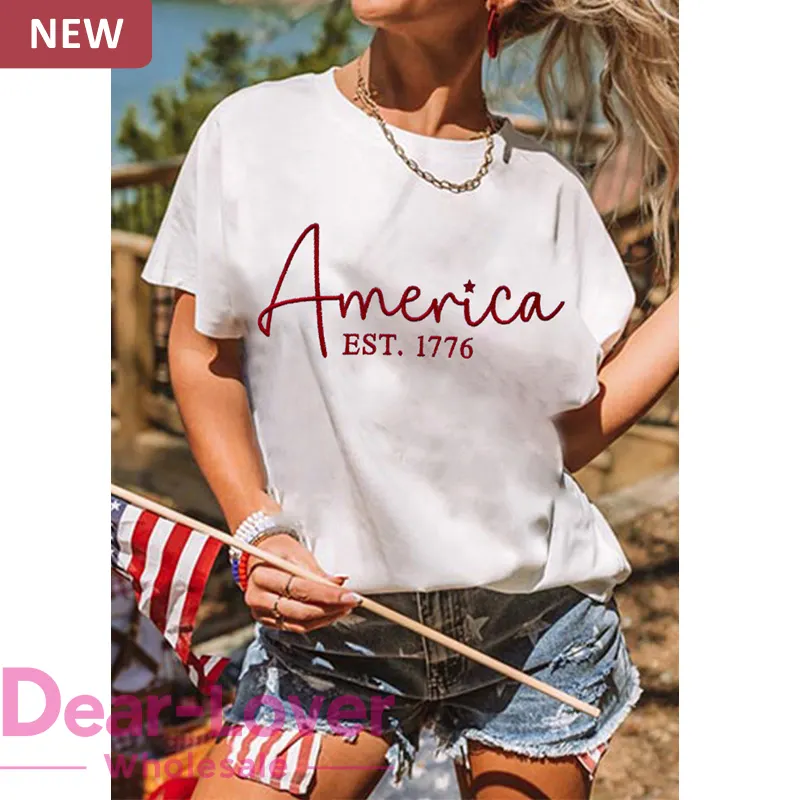 Lieve-Lover Custom Oem Odm Groothandel Hoge Kwaliteit Zomer Schattige Vlag Dag Amerika Geborduurde Ronde Hals Grafische T-Shirts Voor Vrouwen