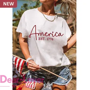 Dear-Lover kustom OEM ODM grosir kualitas tinggi musim panas lucu bendera hari Amerika bordir kru leher grafis kaus Wanita