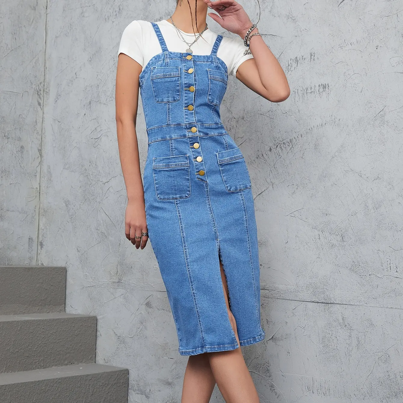 WD016 ODM OEM Casual Dresses With Slit Women Denim Dress For Women Overall Denim Dresses