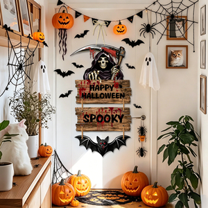 Pancarta temática de Halloween con diseño de guadaña del Grim Reaper y patrón de murciélagos, guirnalda decorativa para crear una atmósfera espeluznante en el hogar - Product Image 1