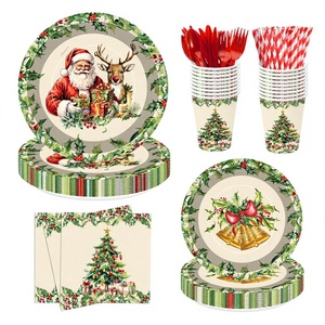 Ensemble de vaisselle jetable en papier pour Noël vintage, assiettes, gobelets, serviettes, fournitures de repas pour les fêtes - Product Image 1