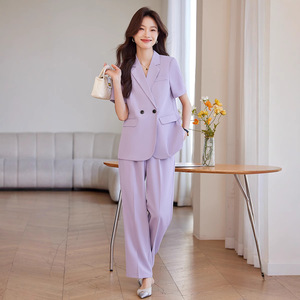 Women's Purple Summer Suit Set Short Sleeve Lightweight Breathable Satin Casual Suit For Office And Daily Wear - Product Image 1