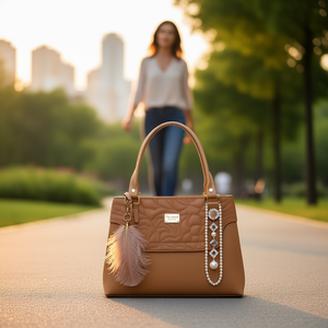 Bolso de mano para mujer Fana Amelia M3739 de piel de camello acolchado con decoración de plumas y perlas, tres asas, estilo casual moderno - Product Image 2