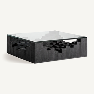 Table basse moderne en bois de manguier avec plateau en verre noir de luxe, écologique, pour salon - Product Image 1