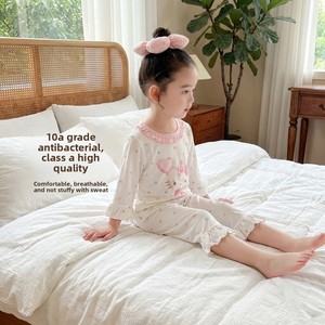 Pijamas de Verano Antibacterianos Estampados para Niñas, Conjunto de Tres Cuartos de Manga para Bebés, con Encaje, para el Hogar - Product Image 1