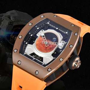Montre mécanique automatique Mars Dial pour hommes, boîtier en fibre de carbone marron, montre-bracelet de sport de luxe, étanche, bracelet en caoutchouc orange - Product Image 6
