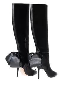 2021 Fashion Wholesale Black knee Leather High Heel Bow Boots Handmade Stiletto Heel Boots