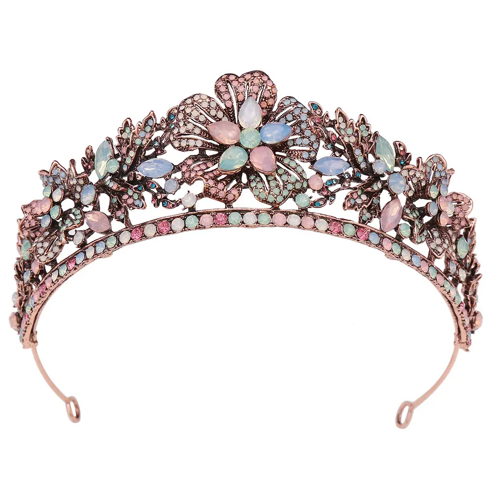 Slbridal Legering Barokke Stijl Antiek Koper Kleurrijke Kristal Bruids Tiara Strass Bruiloft Kroon Vrouwen Prom Haar Accessoires