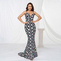 Robe longue de soirée élégante et sexy pour femmes, bretelles spaghetti, col en V, fleurs pailletées, longueur au sol, cocktail, bal, soirée