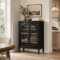 Meuble à vin de luxe en bois noir avec portes vitrées cintrées, casier à bouteilles et étagères, présentoir de bar autoportant pour salle à manger