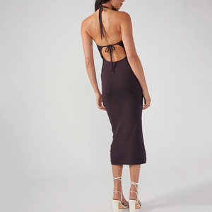 Abito Midi Halter in Maglia Waffle Viola Scuro Personalizzato ODM da Donna con Multi-Intagli Frontali e Scollo a <span class=keywords><strong>Sirena</strong></span> Svasato, Vestito da Festa Aderente - Product Image 3