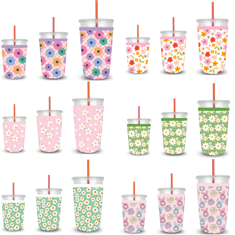 Reusable Iced Coffee Sleeve With Handle - Neoprene Insulator For 24-28oz Cups, Dinosaur & Cactus Prints