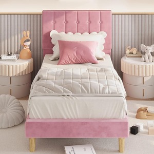 <span class=keywords><strong>Lit</strong></span> double en velours rose Plate-forme rembourrée Bandes <span class=keywords><strong>de</strong></span> bois robustes Tête <span class=keywords><strong>de</strong></span> <span class=keywords><strong>lit</strong></span> en métal silencieuse Assemblage facile pour rangement dans la chambre à coucher - Product Image 1