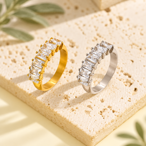 Gold and Silver Color Stainless <b>Steel</b> Zircon <b>Ring</b> with Clear Rectangular Baguette Stone Row - Product Image 1