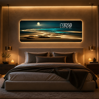 Jam Dinding Digital LED Modern dengan Lampu Latar, Seni Dinding Panorama Pantai Laut Bercahaya, Lukisan Terang dengan Tampilan Waktu, Tanggal, dan Suhu untuk Ruang Tamu