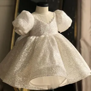 2023 бутики однотонное белое платье с блестками для маленьких девочек бальное платье из тюля платья принцессы на свадьбу День рождения Одежда G102