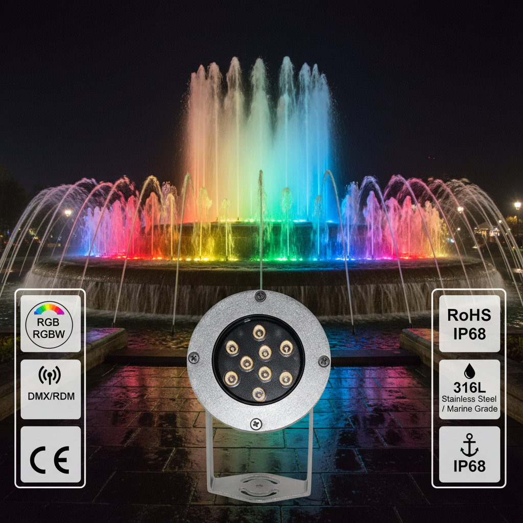 27W/45W RGB DMX512/RDM LED Underwater Pool Lights 316L Stainless Steel IP68 Rated for Landscape & Fountain Applications