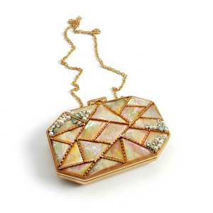 Bolso de mano de diseño artesanal de lujo estilo vintage con forma de sobre, multicolor, elegante, con cristales, latón y nácar. - Product Image 1