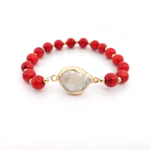 7mm Rouge Corail Multi-rangs De Perles Bracelet Avec Naturel Perles D'eau Douce Irrégulières