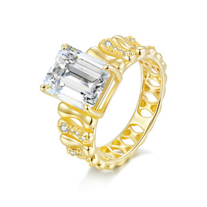 Luxury Women's Yellow <b>Gold</b> Moissanite <b>Cocktail</b> <b>Ring</b> Emerald Cut Prong Setting Geometric Design Engagement Style - Product Image 1