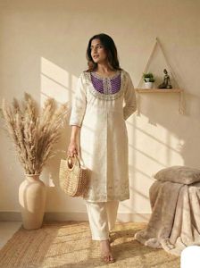 <b>Women</b> Cotton <b>Kurta</b> Kurti Set Embroidered Neckline Regular Fit Ankle-Length Casual Wear India Pakistan All Seasons 64270-337 - Product Image 5