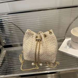 Elegant Woven <b>Drawstring</b> Bucket <b>Bag</b> with Chain Shoulder Strap - Product Image 3