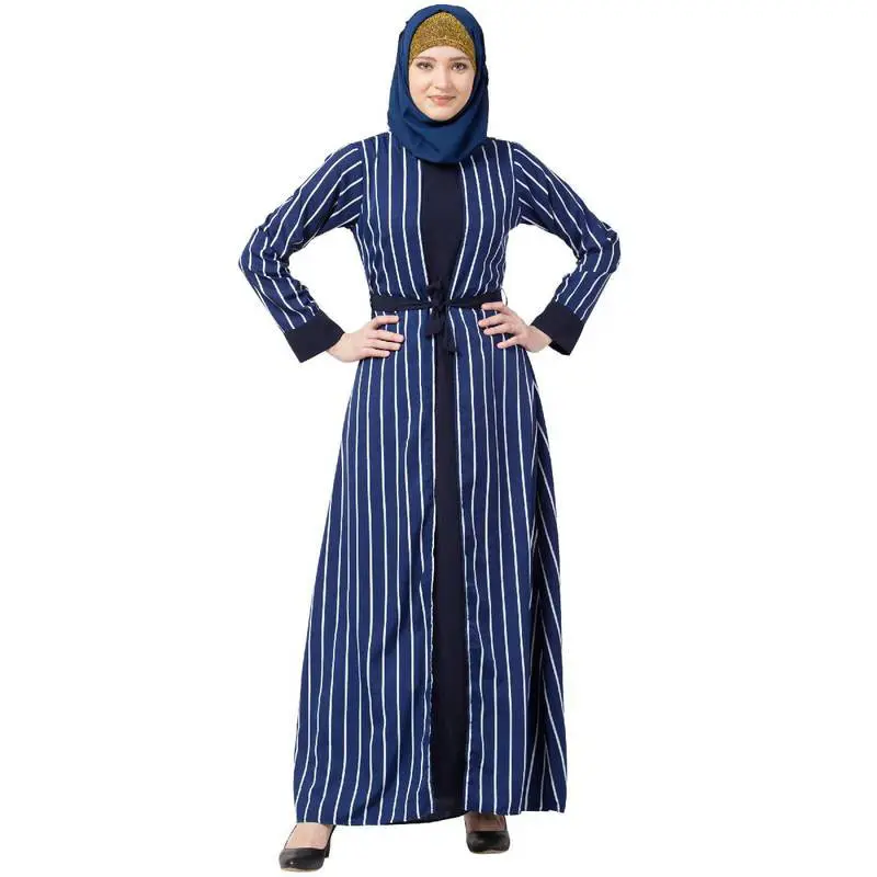 Vestido largo de algodón con rayas de doble capa para mujer, Ropa Étnica musulmana, caftán abaya, color azul marino, novedad