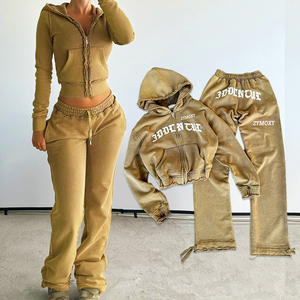 Women Two Piece Distressed Embroidery Tracksuit 100% Cotton Acid Wash Zip up Hoodies and Sweatpants Set <strong>Custom</strong> Sweat <strong>Suits</strong> Women - Product Image 1