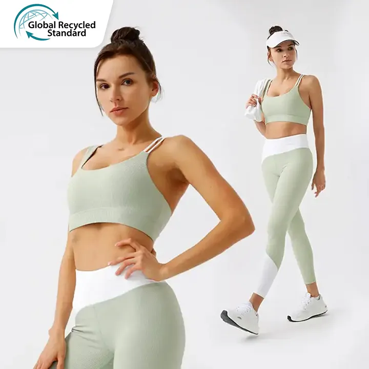 Hingto Custom 2024 Recycle Sports Bra Athletic Women Fitness Gym Workout 2 Piece Pant Leggings Yoga Set For Women