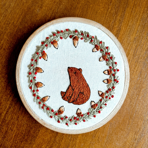 Handmade Embroidered Bear Patch Circle Canvas Sew-On Applique With Acorn <b>Wreath</b> Design - Product Image 1