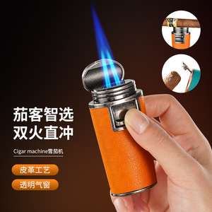 Encendedor de Cigarros de Doble Llama a Prueba de Viento con 2 Jets, Diseño Artesanal en Cuero Naranja y Ventana Visible de Gas - Product Image 1