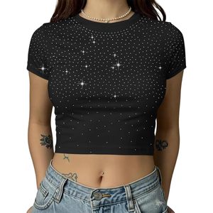 Top Corto con Pedrería para Mujer, Estilo Y2K, Cuello Redondo, Manga Corta, Brillante, Ajustado, para Todas las Temporadas, Tejido Suave - Product Image 1