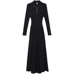 Black Knit Midi <b>Dress</b> Women <b>Elastic</b> Waist Polo Neck Zipper Solid Color Polyester Autumn Winter 2025 High End Slim Fit - Product Image 5