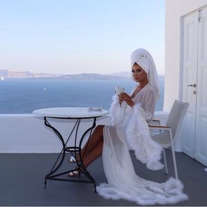 Set Pigiama con Rifiniture in Piume, Elegante <span class=keywords><strong>Vestaglia</strong></span> Lunga da Donna per Sposa e Feste - Product Image 6