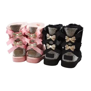 Wholesale fashion rhinestones bling bling winter fur snow boots women with 2 bows