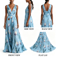 Robe longue en mousseline de soie à imprimé floral pour femmes, col en V profond, sans manches, taille cintrée, plissée, coupe évasée, avec poches