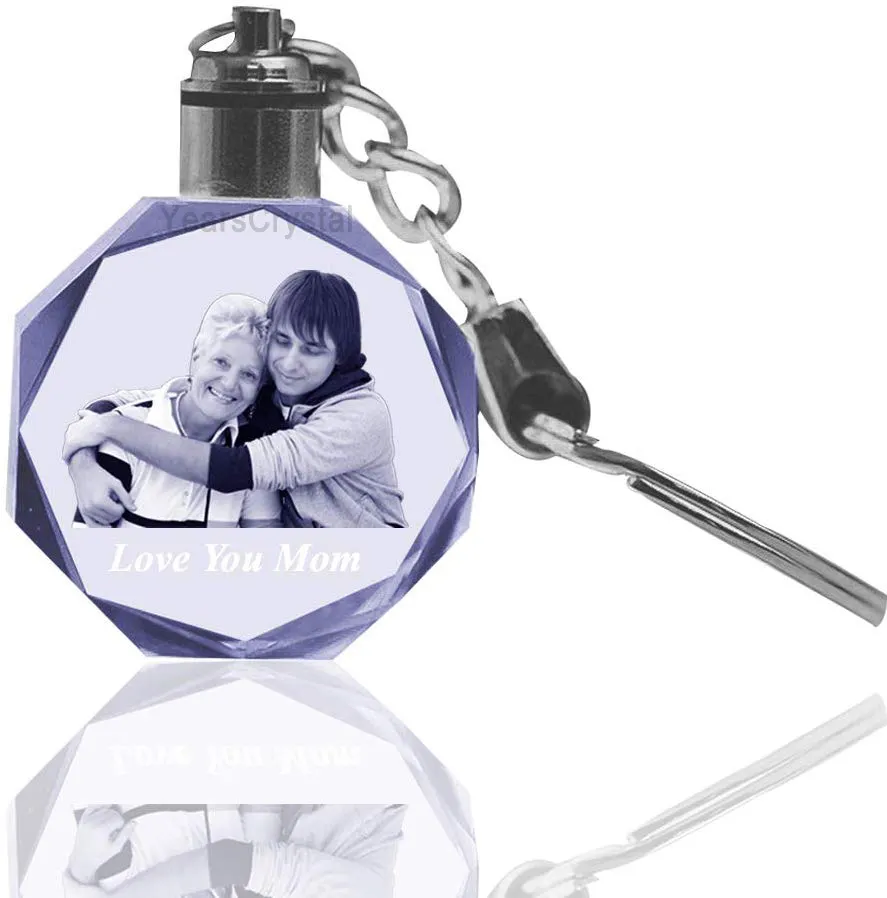 Custom 3D Laser Engraved Crystal photo keychain with led light keyrings