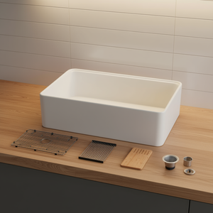 Lavello da Cucina in Argilla Refrattaria Stile Rustico 30x20 Pollici, Vasca Singola con Frontale a Grembiule e Accessori - Product Image 2