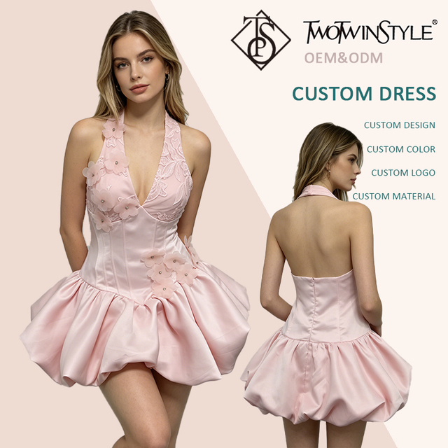 Elegant Pink Halter Sleeveless Mini Dress Women 3D Floral Lace Corset Puffy Satin Bubble Skirt Prom Party Style Dress Wholesale